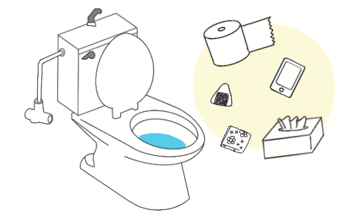 トイレつまりを予防したり解消したりするために、トイレのつまりの原因になりやすい、トイレットペーパー・スマートフォン・食べ物・ティッシュペーパー・ハンカチなどの小物など異物の例を特徴と対処方法ごとに紹介しています。