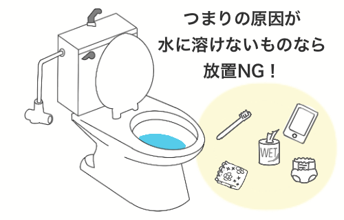 トイレつまりが自然に直らず悪化するケースの紹介として、つまりの原因が水に溶けないもの（スマホ・ウェットティッシュ・歯ブラシ・ハンカチなど）であれば放置NGであり、吸水性のもの（おむつなど）が原因であれば悪化することを解説しています。