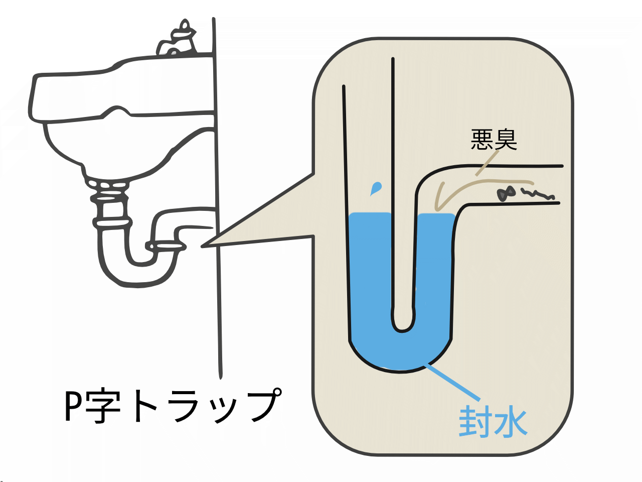 排水口の臭いを抑えるP字トラップの構造