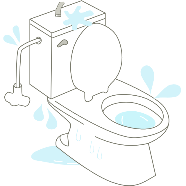 トイレのいろんな場所からの水漏れの直し方。排水管、給水管、トイレタンク、床、便器からの水漏れの原因と直し方を解説しています。温水洗浄便座（ウォシュレット）の水漏れの修理方法もこちら。