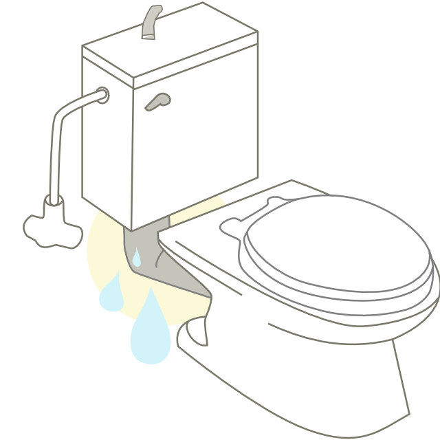 トイレタンクと便座の間をつなぐ洗浄管から水漏れしている。ポタポタと水滴が落ちる程度であれば、パッキンの交換で修理出来る場合もあります。パッキン以外に問題がある場合は専門業者に修理を依頼するようにしましょう。