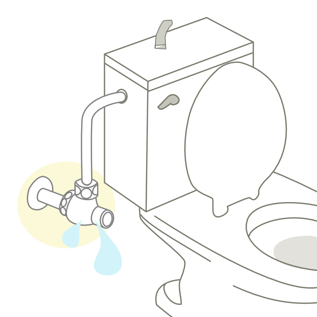 トイレ脇の壁または床から配管されている止水栓から水漏れしている。止水栓の水漏れはむやみにDIYで修理しようとすると取り返しのつかない事態にもなりかねません。適切な対処を行い、最終的にか専門家に修理を依頼しましょう。