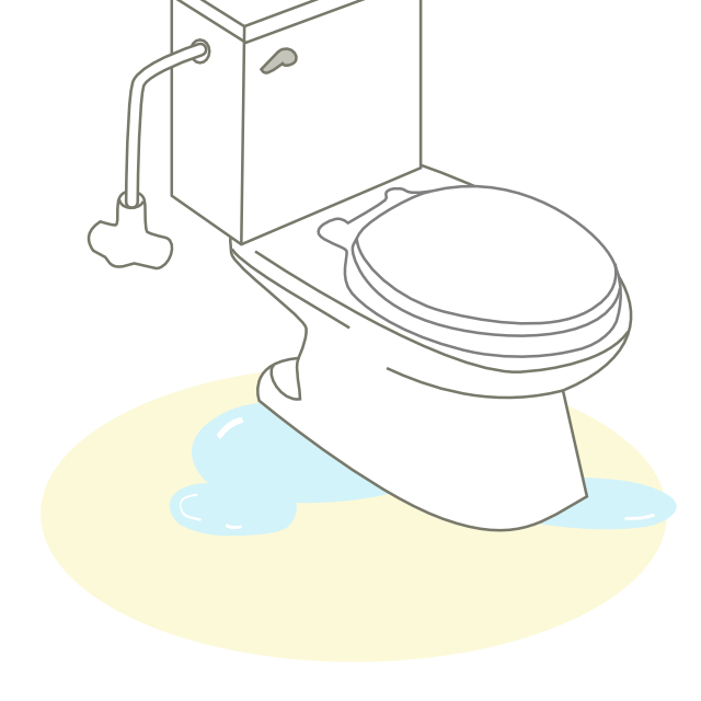 トイレ（便座）と床の間から水漏れが起こっている。トイレの排水管と便器を接続している部分に使われている部品の劣化が原因であるため、便器を取り外して修理する必要があります。